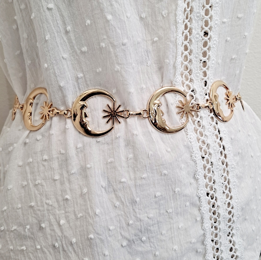 Womens Boho Gold metallic Moon Star whimsigoth celestial waist chain disco belt - Picture 8 of 9